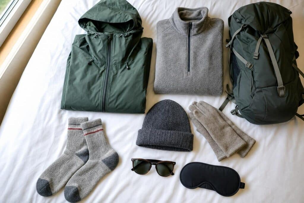 Alaska cruise packing list flat-lay with rain jacket, fleece, beanie, gloves, wool socks and sunglasses on a bed