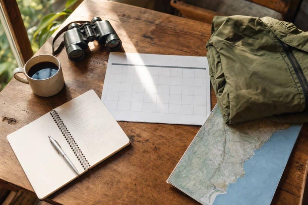 Planning table with calendar, notebook, binoculars and rain jacket for booking an Alaska cruise
