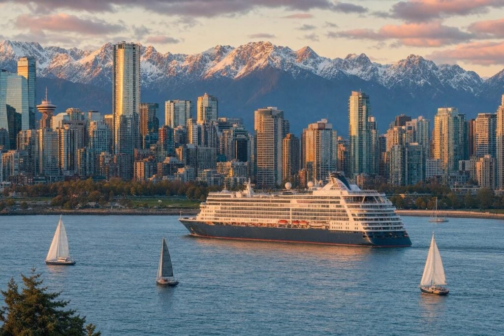 Cruise ship leaving a mountain-backed harbor at sunset on the way to an Alaska cruise from Vancouver