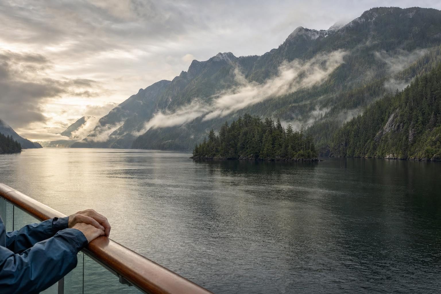 Misty forested mountains rising from a calm channel as seen from a ship balcony on an Alaska Inside Passage cruise