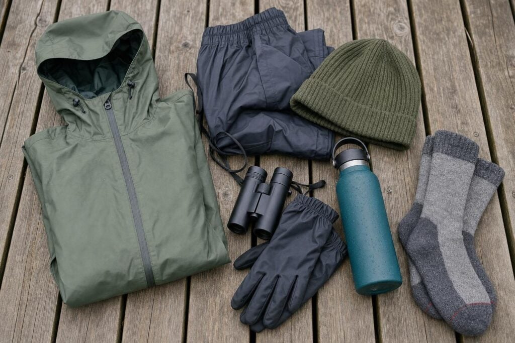 Packing flat-lay of rain gear and binoculars for an Alaska Inside Passage small ship cruise