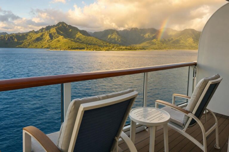 Cruise ship balcony view of a green Hawaiian island coastline at golden hour with a faint rainbow