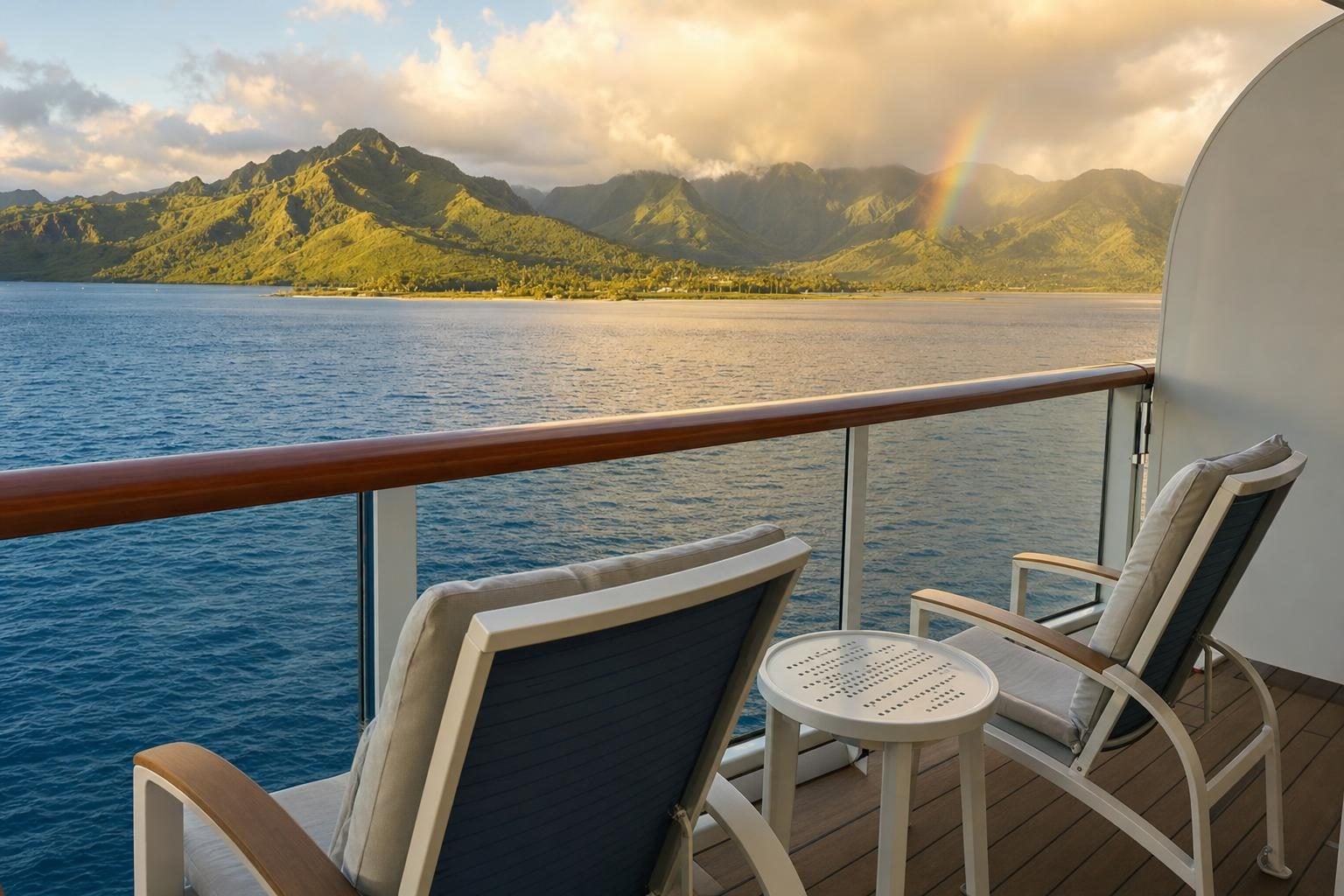 Cruise ship balcony view of a green Hawaiian island coastline at golden hour with a faint rainbow