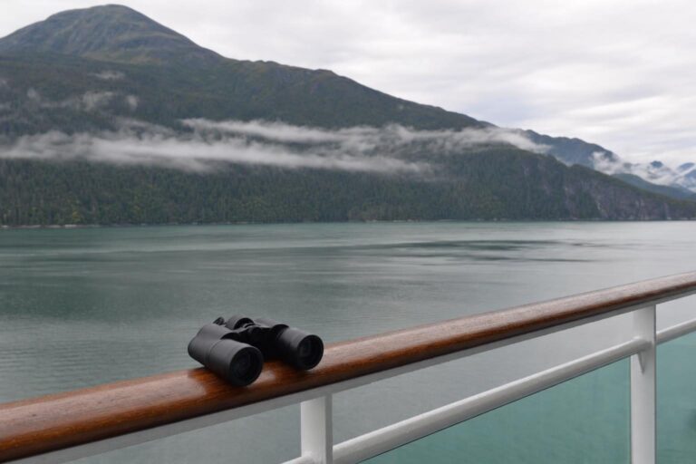 Binoculars resting on a cruise balcony rail overlooking a misty Alaska fjord with forested mountains