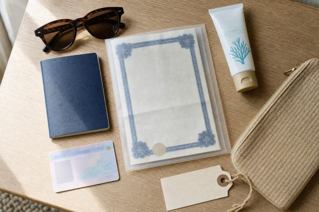 Passport, birth certificate, photo ID and sunscreen laid out for a short cruise to Mexico from Long Beach