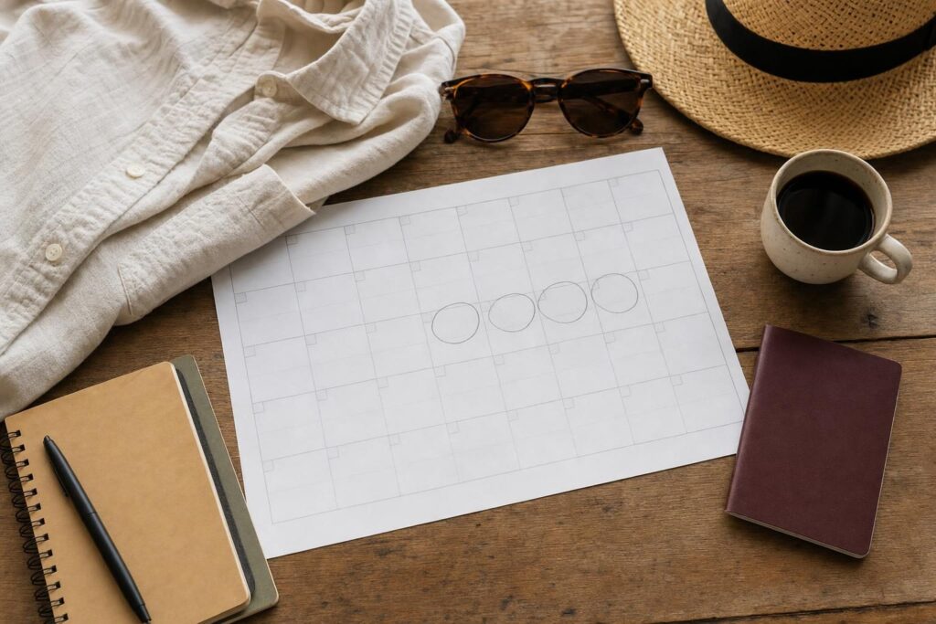 Flat-lay of a calendar, sun hat, sunglasses and passport cover for planning a Mexican Riviera cruise month