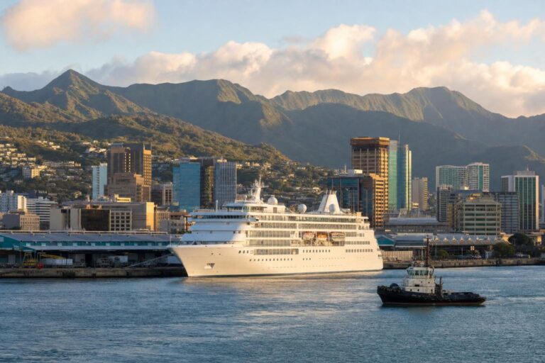 Cruise ship docked at a city harbor with mountains behind downtown in soft morning light