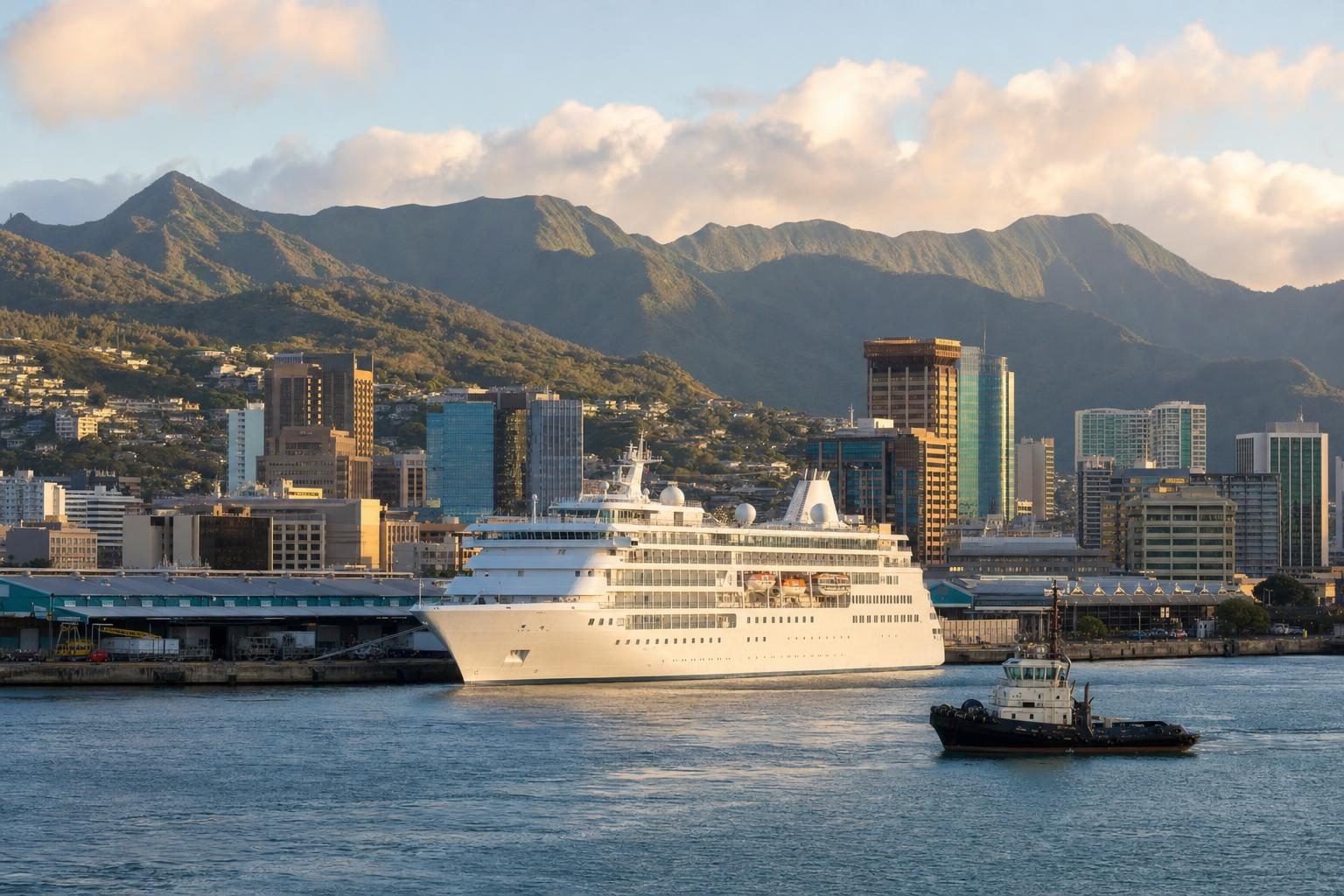 Cruise ship docked at a city harbor with mountains behind downtown in soft morning light