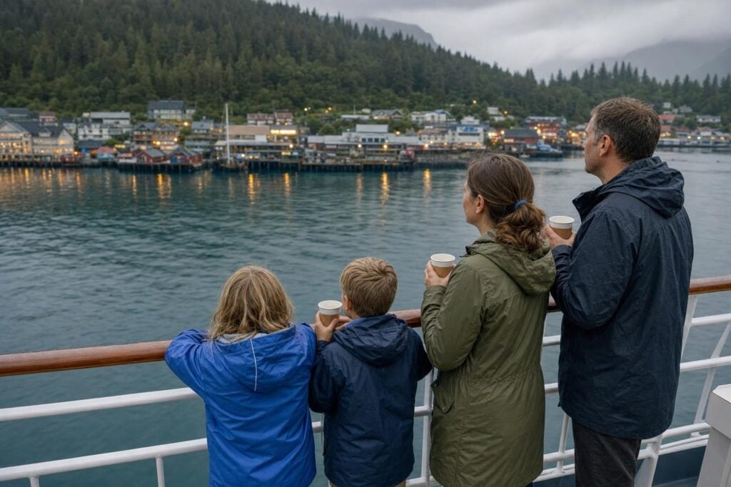 Family in rain jackets on a cruise ship deck watching a small coastal town during an Inside Passage evening