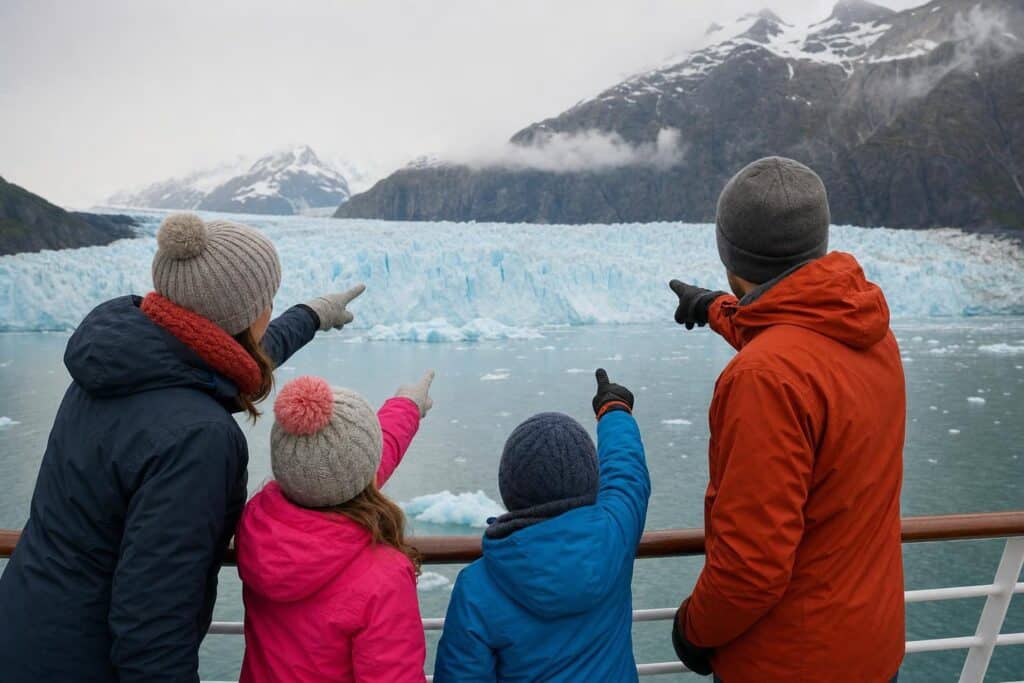 Family in rain jackets and beanies on a ship deck watching a glacier on an Alaska cruise