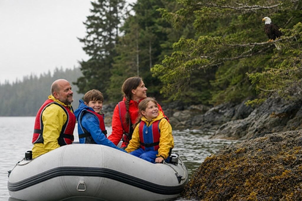 Family in rain jackets in a skiff watching an eagle on a small ship Alaska cruise shore excursion
