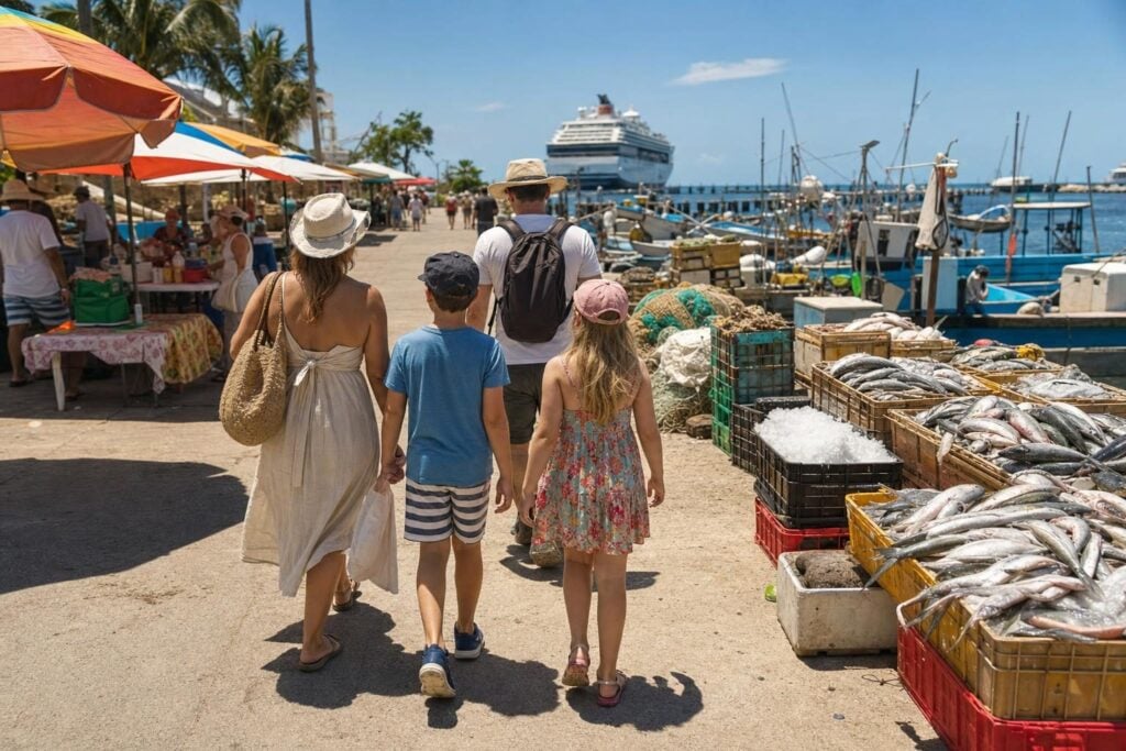 Family strolling a waterfront promenade past fish taco stands on a Baja cruise port day