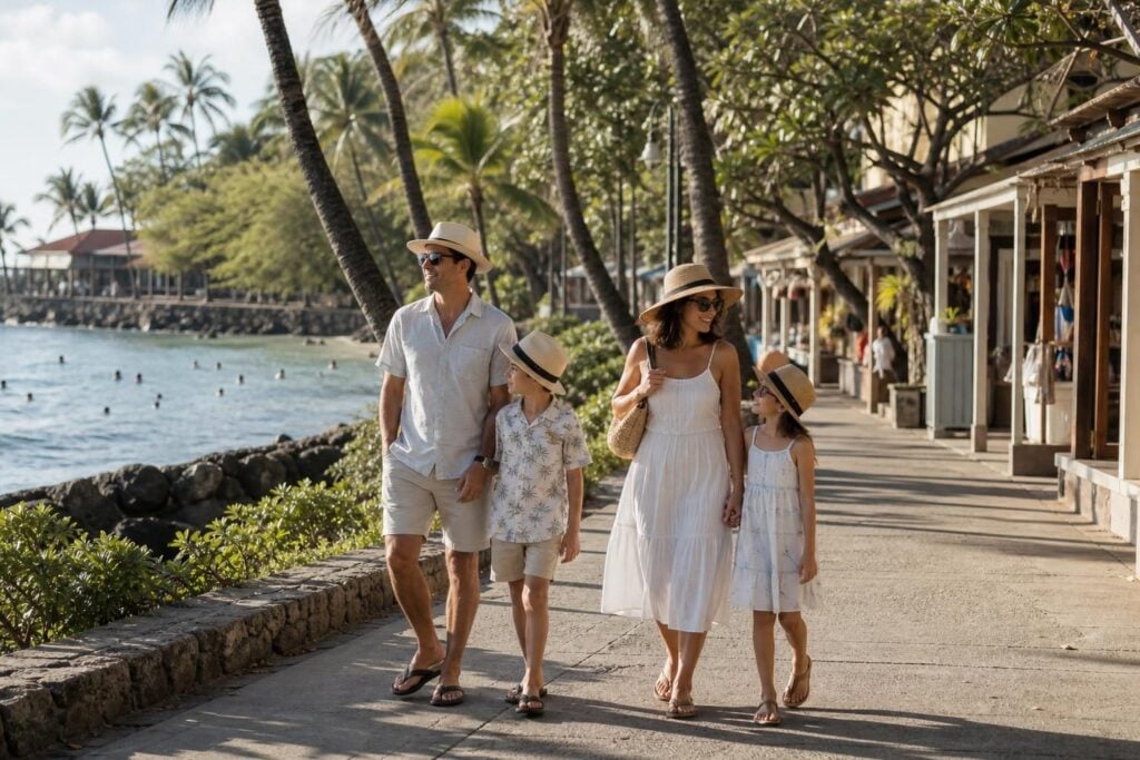 Family walking a palm-lined oceanfront street near a swimming cove on a Hawaii cruise port day