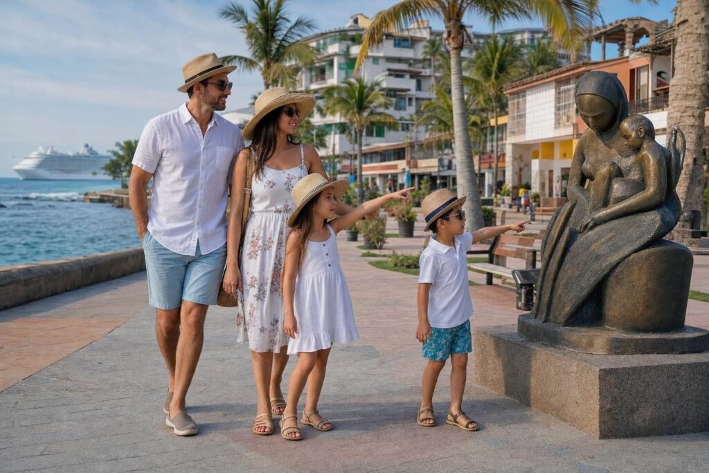 Family walking a free seaside waterfront promenade on a Mexican Riviera cruise port day