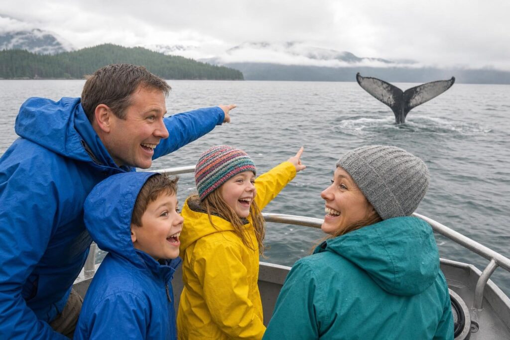 Family in rain jackets on a small boat watching a humpback whale tail in grey Alaska water near forested islands
