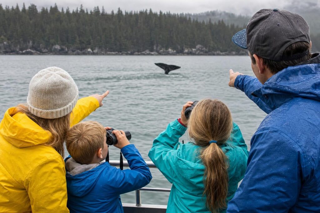 Family in rain jackets watching a whale tail from a small tour boat on grey-green water