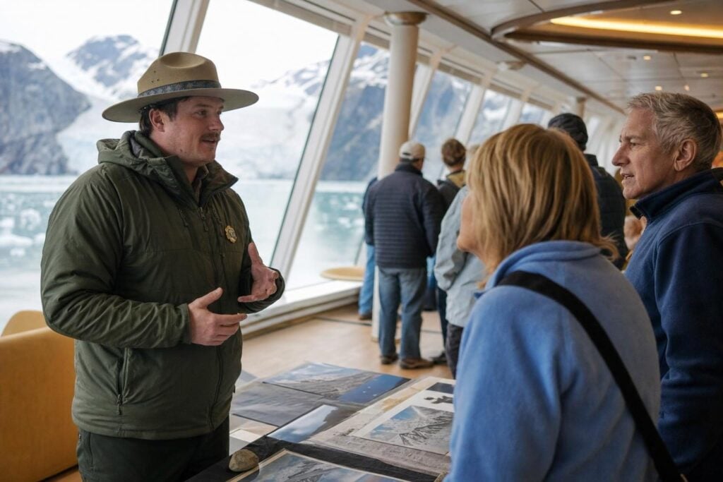 Park ranger at an information table inside a cruise ship lounge during a Glacier Bay National Park day