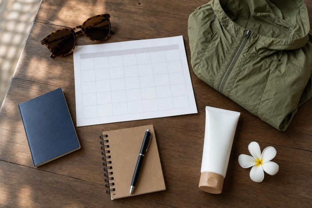 Flat-lay of passport, sunglasses, rain jacket and plumeria flower for planning a Hawaii cruise