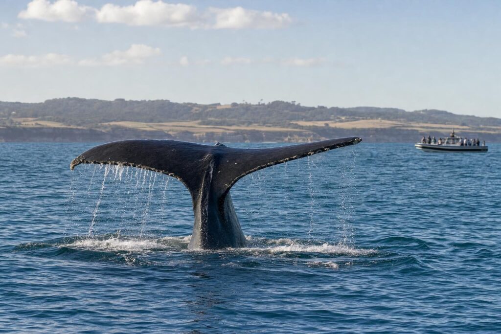 Humpback whale tail rising from blue Pacific water during winter whale watching season