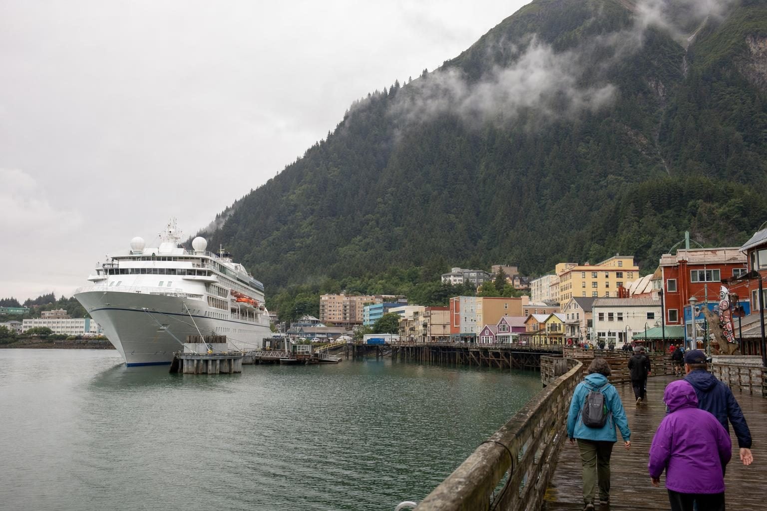 Large white cruise ship docked beside a colorful historic downtown waterfront with a forested mountain behind