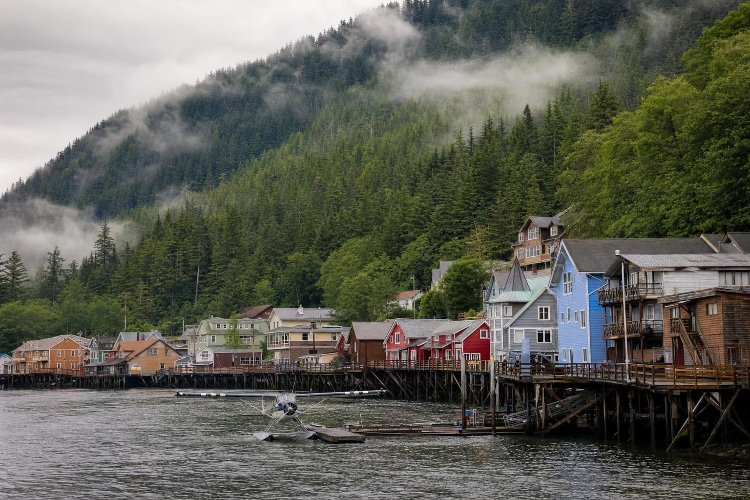 Floatplane on calm water below a misty mountain at a colorful Alaska cruise port town