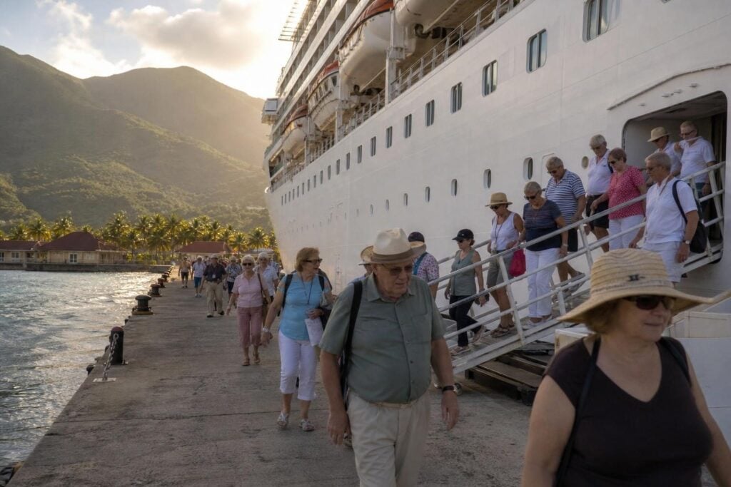Large cruise ship docked at a tropical harbor pier with palm trees and green mountains behind