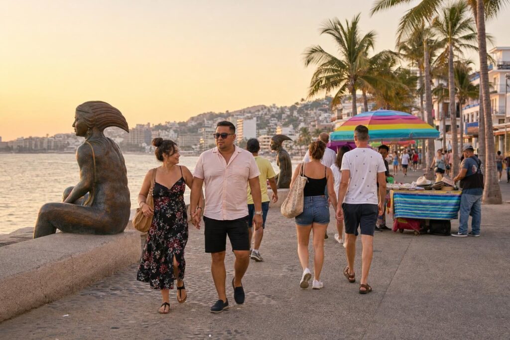 Families strolling a free seaside promenade near sunset in a Mexican Riviera cruise port