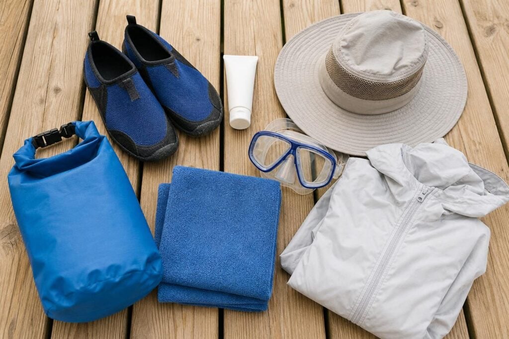 Flat-lay of water shoes, dry bag, snorkel mask, sun hat and rain jacket on a wooden deck