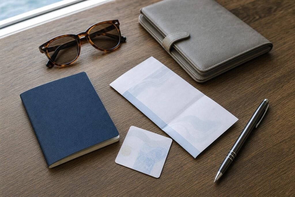 Passport book, passport card and travel wallet laid out for an Alaska cruise from Vancouver