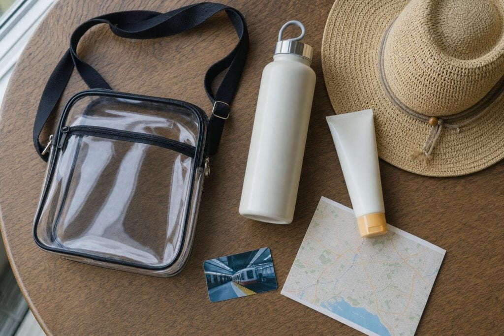 Flat-lay of clear crossbody bag, water bottle, sunscreen and hat for a cruise port day in Hawaii