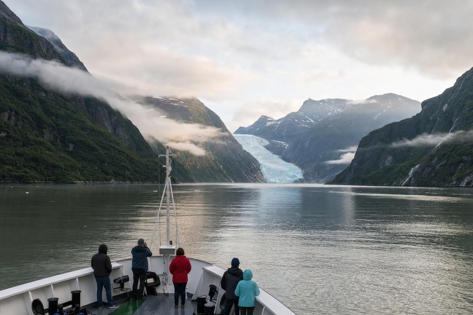 Small ship Alaska cruise gliding through a misty fjord with forested mountains and a distant glacier