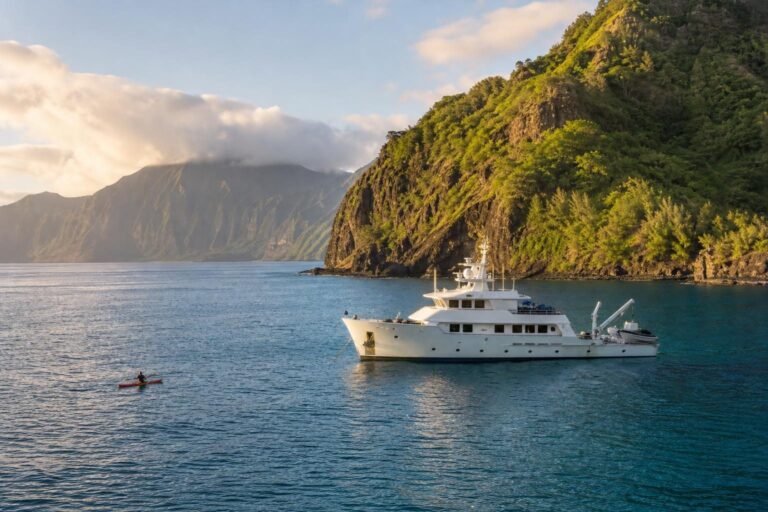 Small expedition yacht anchored off a green volcanic coastline with a lone kayaker nearby