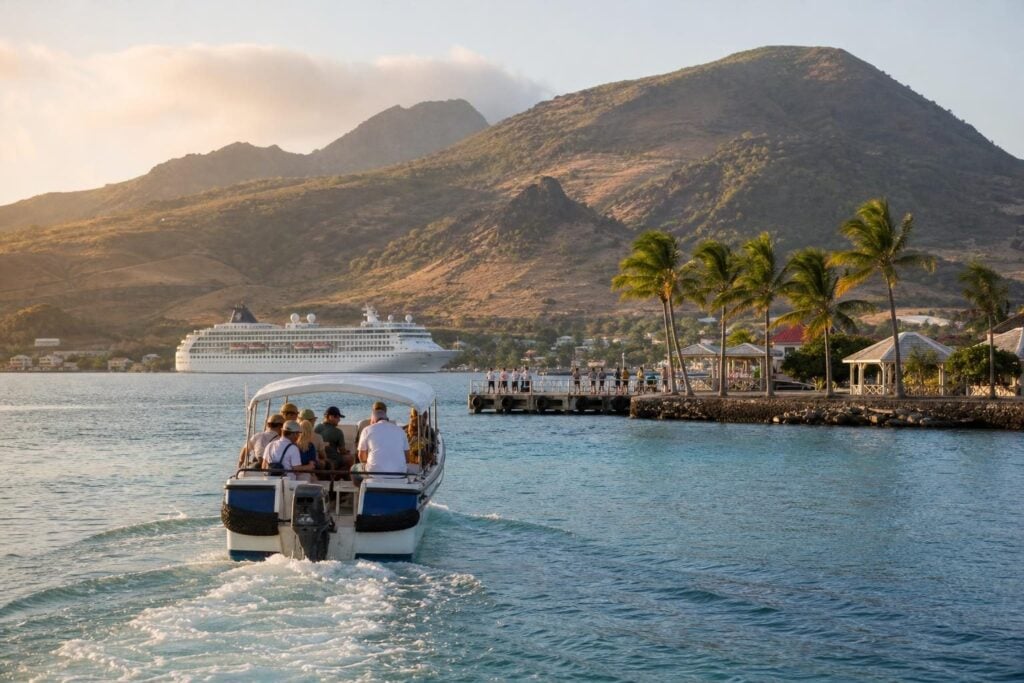 Tender boat crossing a calm Hawaii bay toward a palm-lined pier with a cruise ship anchored offshore