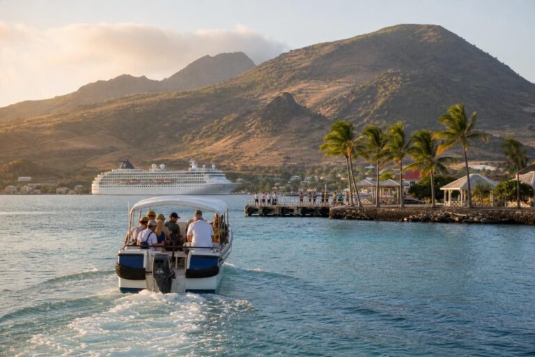 Tender boat crossing a calm Hawaii bay toward a palm-lined pier with a cruise ship anchored offshore