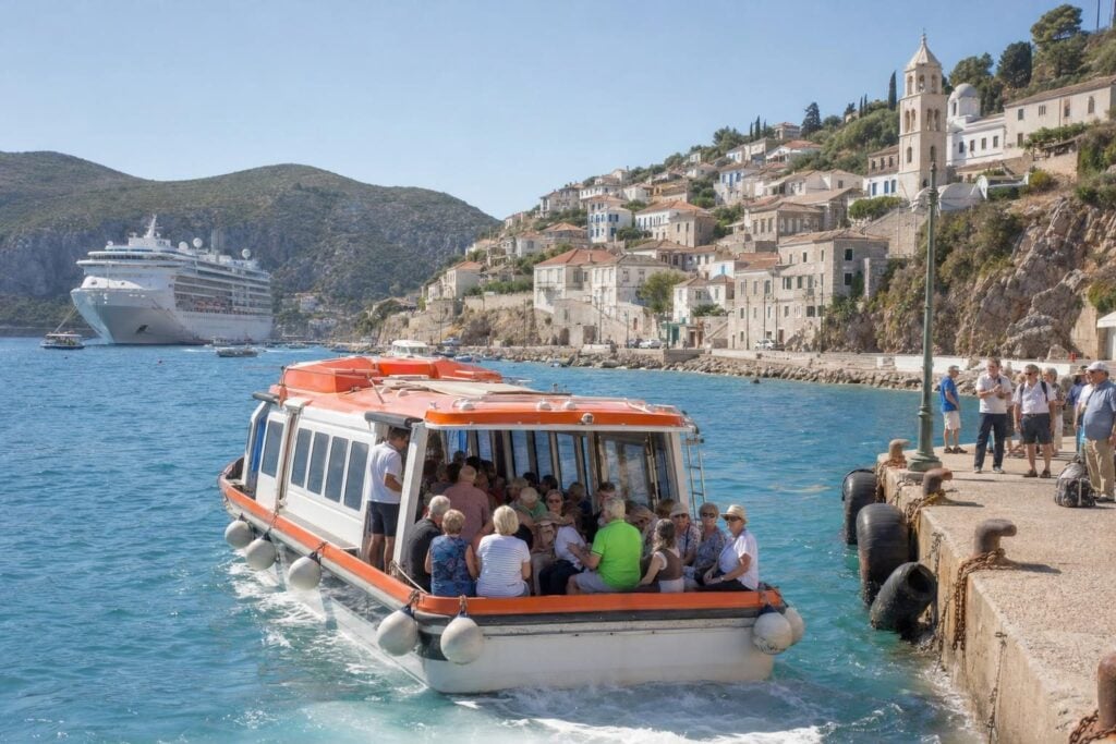 Tender boat carrying cruise passengers to a small island harbor town on a Catalina and Ensenada cruise