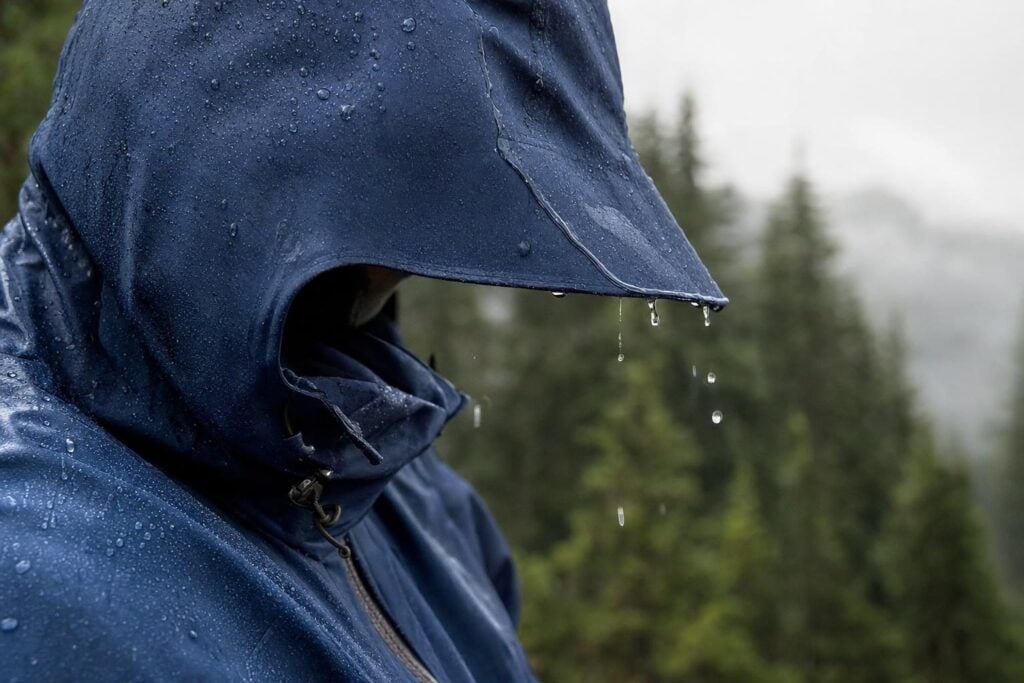 Water beading on a hooded waterproof jacket with taped seams in light rain